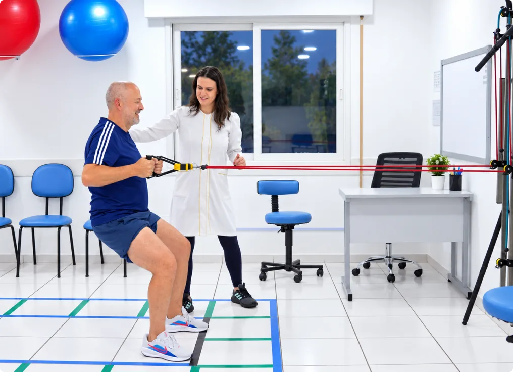Paciente realiza exercício com faixa elástica, acompanhado por uma fisioterapeuta.